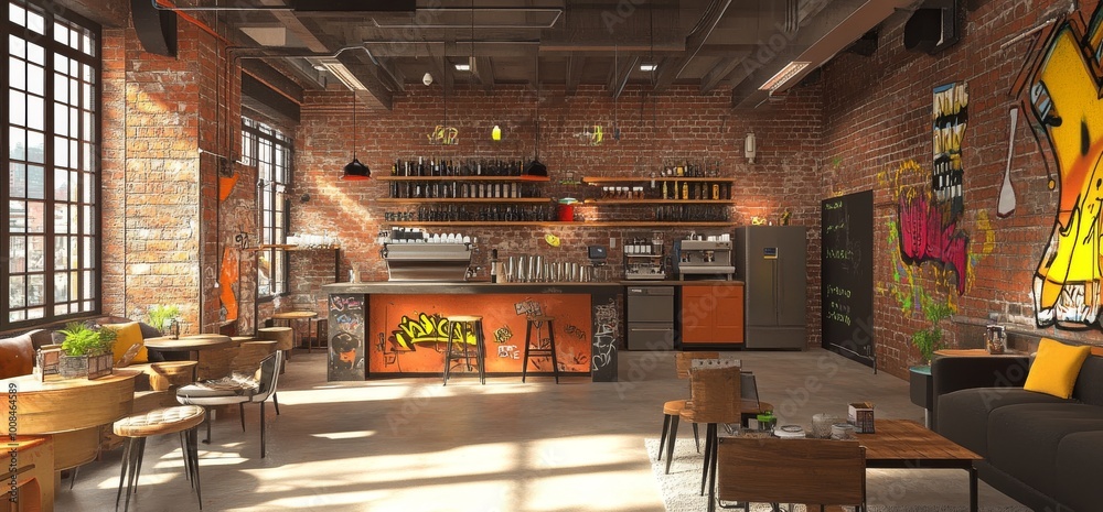 A modern industrial café with exposed pipes, warm lighting, and a cozy atmosphere, perfect for casual coffee breaks A modern industrial café with exposed pipes, warm lighting, and a cozy atmosphere, perfect for casual coffee breaks