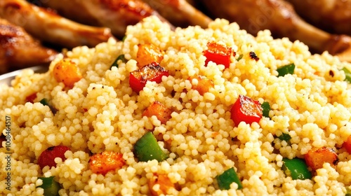 A dish of couscous served as a light and flavorful side dish next to roasted lamb photo