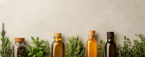 A row of four different colored bottles of herbs and spices