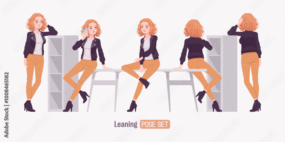 Pretty curly young trendy woman in urban autumn jacket leaning set, chic fall season look for casual outings, ambitious motivated female feeling confident, comfort in cool weather. Vector illustration Pretty curly young trendy woman in urban autumn jacket leaning set, chic fall season look for casual outings, ambitious motivated female feeling confident, comfort in cool weather. Vector illustration