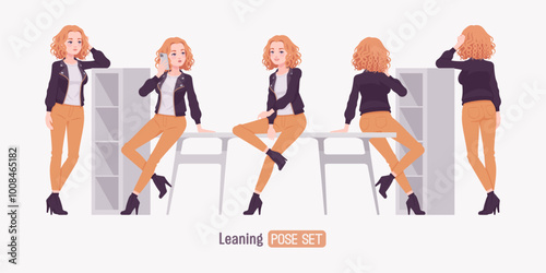 Pretty curly young trendy woman in urban autumn jacket leaning set, chic fall season look for casual outings, ambitious motivated female feeling confident, comfort in cool weather. Vector illustration