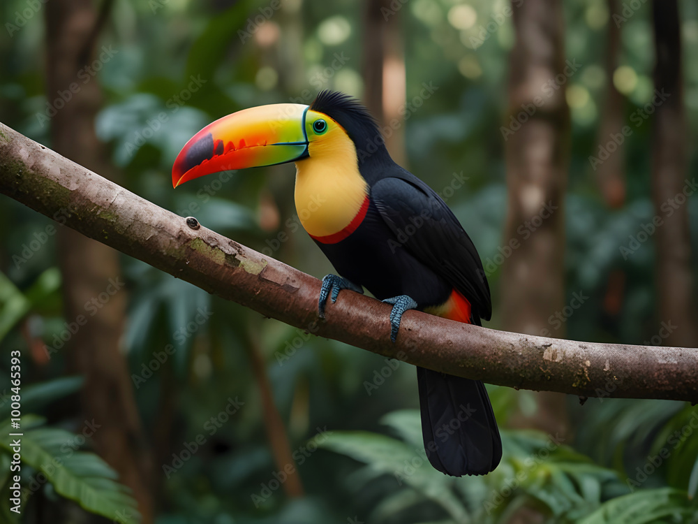 Toucan sitting on the branch in the forest, green vegetation, Nature travel. Two Keel-billed Toucan, Ramphastos sulfuratus, pair of bird with big bill. Wildlife Toucan sitting on the branch in the forest, green vegetation, Nature travel. Two Keel-billed Toucan, Ramphastos sulfuratus, pair of bird with big bill. Wildlife