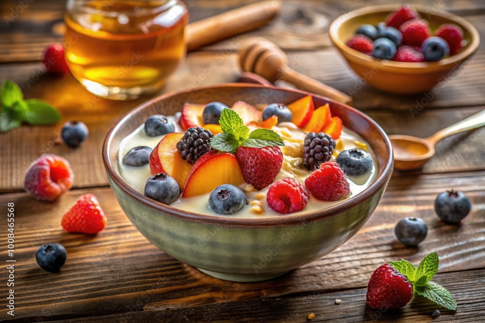 Delicious Creamy Yogurt with Fresh Fruit and Honey Served in a Rustic Bowl on a Wooden Table Delicious Creamy Yogurt with Fresh Fruit and Honey Served in a Rustic Bowl on a Wooden Table