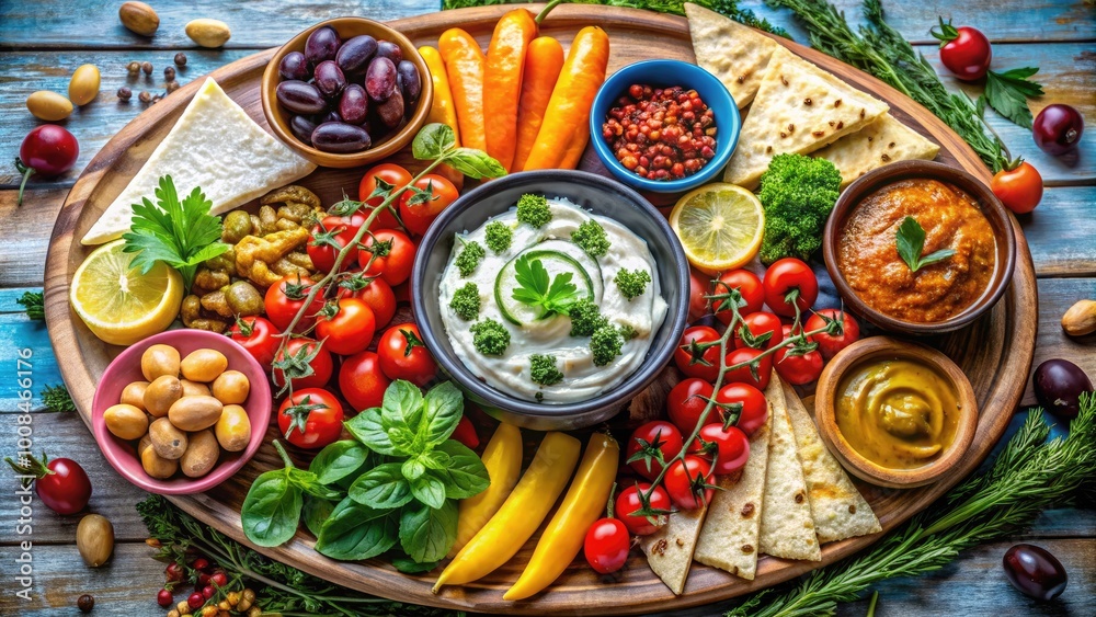Fototapeta premium Delicious Greek Meze Platter with Fresh Ingredients, Dips, Olives, and Colorful Vegetables on Table
