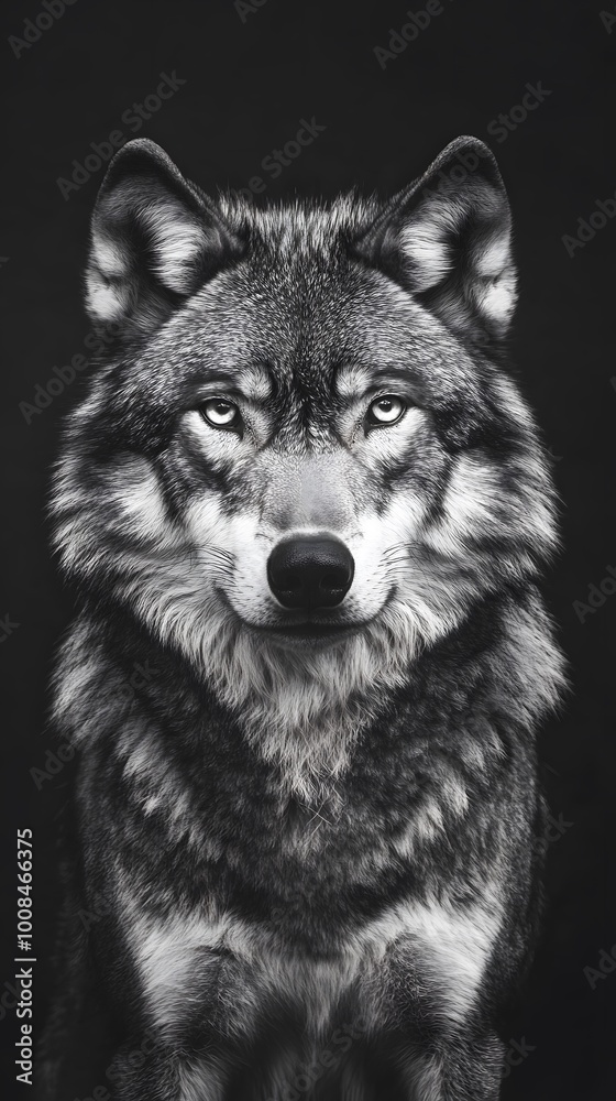 Portrait of a wolf, looking at the camera, against a black background