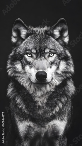 Portrait of a wolf, looking at the camera, against a black background