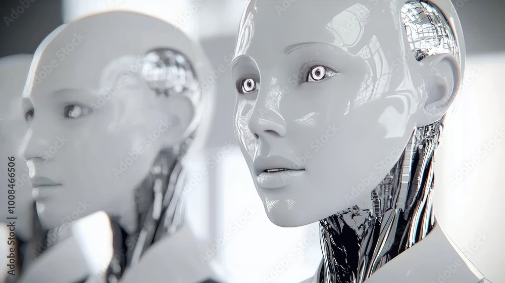 A group of robots working in perfect synchronization on a production line in a futuristic factory A group of robots working in perfect synchronization on a production line in a futuristic factory