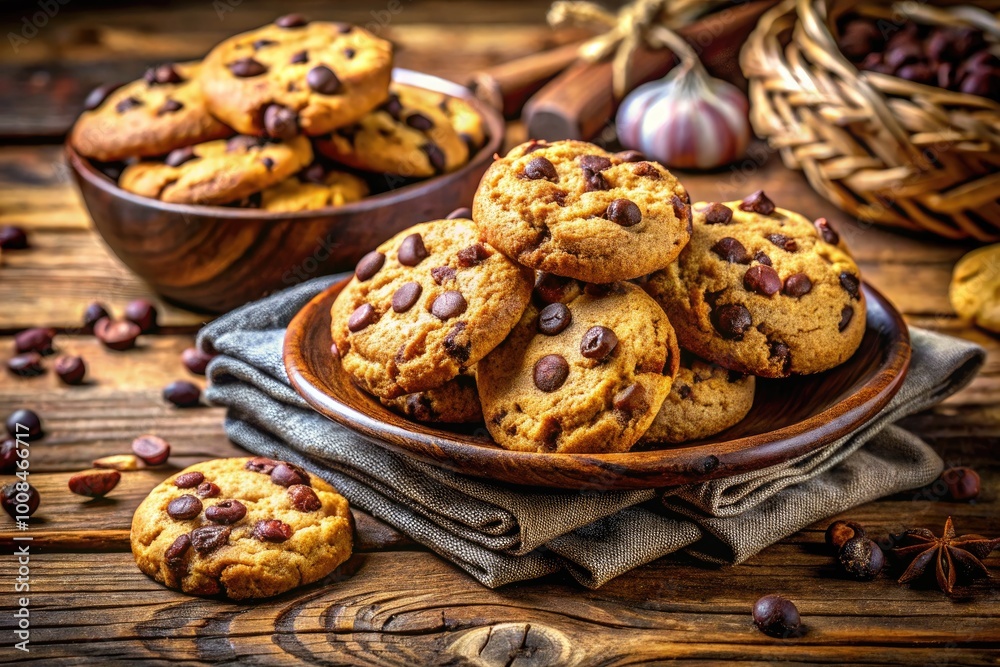 Delicious homemade cookies on a rustic wooden table with chocolate chips and a glass of milk Delicious homemade cookies on a rustic wooden table with chocolate chips and a glass of milk