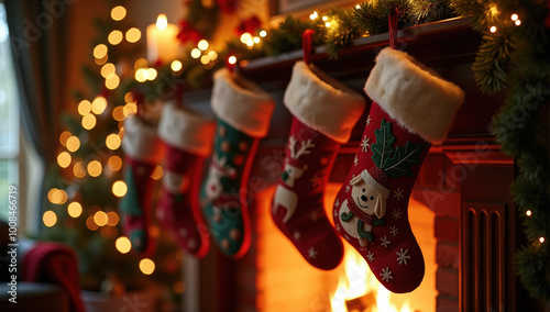 Decorated Christmas Stockings Hang Over a Cozy Fireplace at Night