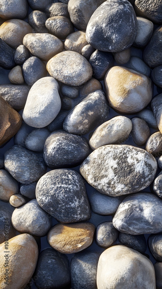 A close-up view of various smooth stones and pebbles. A close-up view of various smooth stones and pebbles.