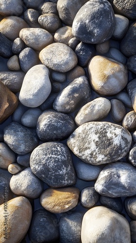 A close-up view of various smooth stones and pebbles.