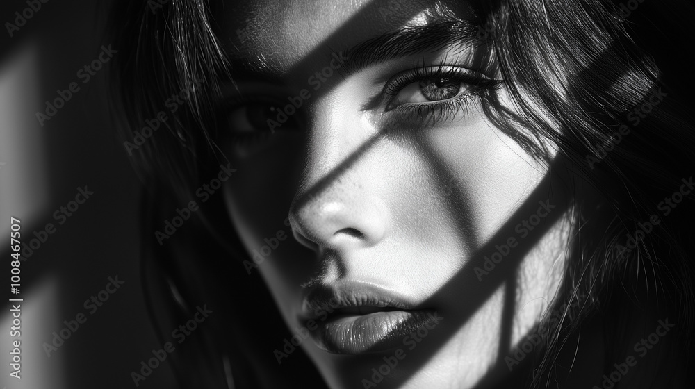 Shadows and Light Play Across a Woman’s Face in a Black and White Dramatic Portrait Shadows and Light Play Across a Woman’s Face in a Black and White Dramatic Portrait