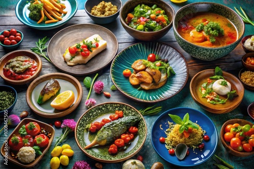 Wallpaper Mural Deliciously arranged full plates of gourmet food showcasing vibrant colors and diverse culinary styles Torontodigital.ca