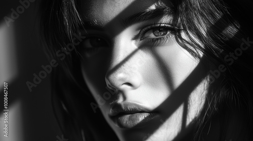Shadows and Light Play Across a Woman’s Face in a Black and White Dramatic Portrait