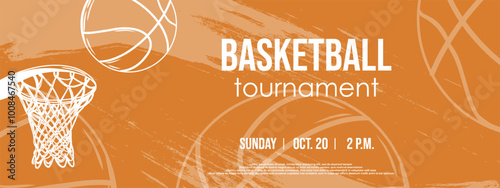 Sport event background with basketball hoop and ball. Basketball tournament. grunge textured background and graphic illustration