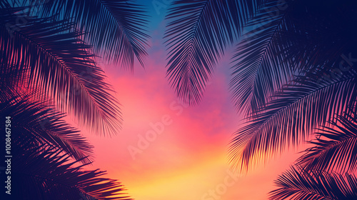 Silhouetted Palm Trees Framed by Colorful Sunset with Orange and Pink Sky