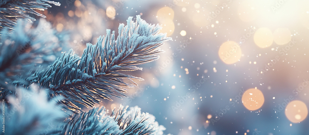 Snow-Covered Pine Branches with Holiday Lights Snow-Covered Pine Branches with Holiday Lights