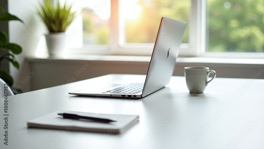 A minimalist workspace featuring a sleek laptop, a notebook with a pen, a coffee cup, and a potted plant on a white desk, set against a backdrop of large windows with soft, natural light. A minimalist workspace featuring a sleek laptop, a notebook with a pen, a coffee cup, and a potted plant on a white desk, set against a backdrop of large windows with soft, natural light.