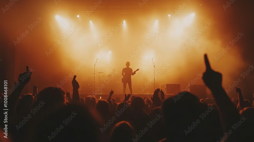 Dynamic concert with bright yellow light. the crowd under the bright lighting of the stage from the lamps Dynamic concert with bright yellow light. the crowd under the bright lighting of the stage from the lamps