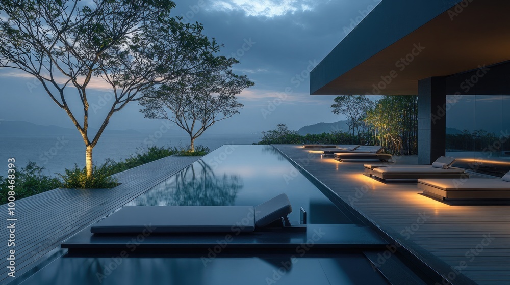 Fototapeta premium A sleek, minimalist pool area with a lap pool, underwater lighting, and a deck with flush-mounted loungers