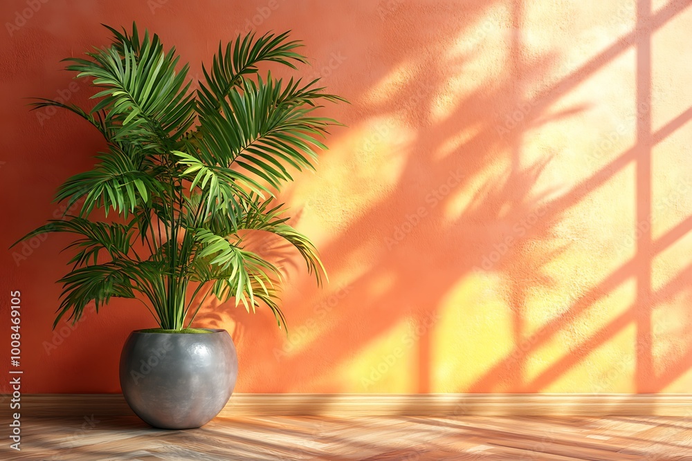 Lush plant in a stylish pot against a warm wall. Lush plant in a stylish pot against a warm wall.