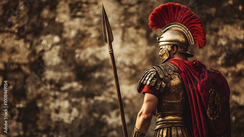 37. Roman centurion standing tall with a red plume helmet and spear