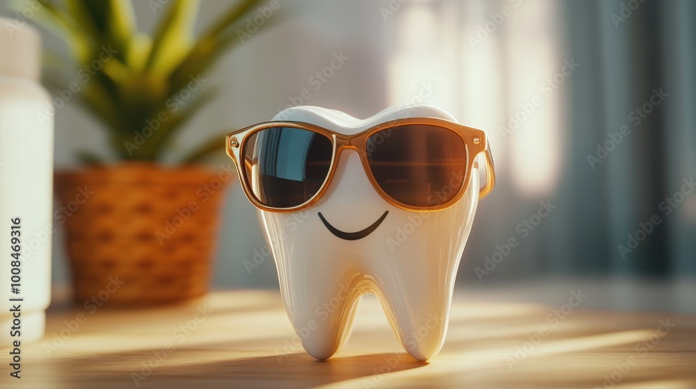 A delightful sparkling tooth wearing stylish sunglasses exudes happiness in a well-lit indoor space. A potted plant enhances the cheerful atmosphere A delightful sparkling tooth wearing stylish sunglasses exudes happiness in a well-lit indoor space. A potted plant enhances the cheerful atmosphere