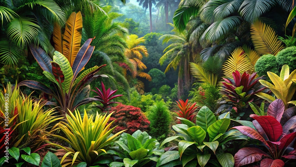 A verdant tapestry of vibrant tropical foliage, where emerald green fronds interweave with bold splashes of crimson, gold, and jade, creating a symphony of color within the lush jungle. A verdant tapestry of vibrant tropical foliage, where emerald green fronds interweave with bold splashes of crimson, gold, and jade, creating a symphony of color within the lush jungle.