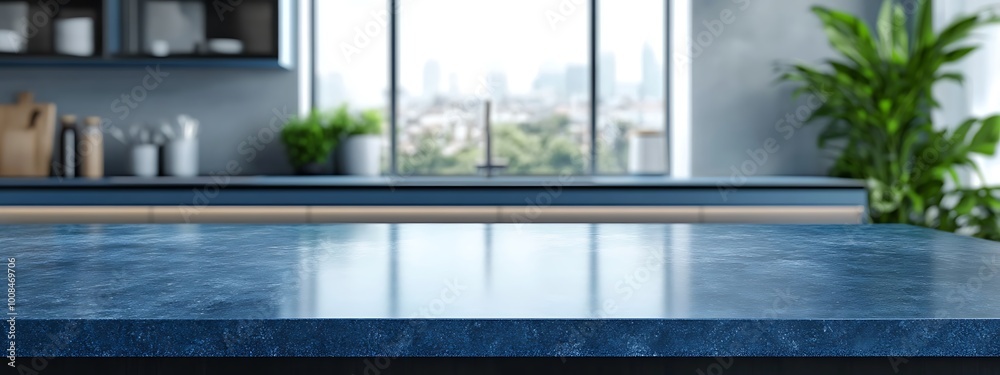 Kitchen with an empty blue countertop against a blurred background of a modern interior. Tabletop for product presentation. Clean mockup for food or laundry detergent, washing. Kitchen with an empty blue countertop against a blurred background of a modern interior. Tabletop for product presentation. Clean mockup for food or laundry detergent, washing.