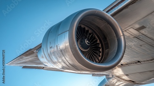 Close-up of an aircraft jet engine.