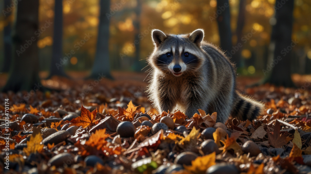 Raccoon Among Acorns in Autumn Forest Scene Raccoon Among Acorns in Autumn Forest Scene