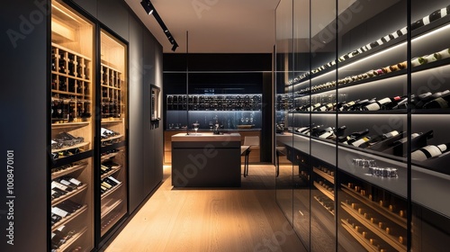 A sleek, minimalist wine room with temperature-controlled glass cabinets, a tasting area, and LED track lighting