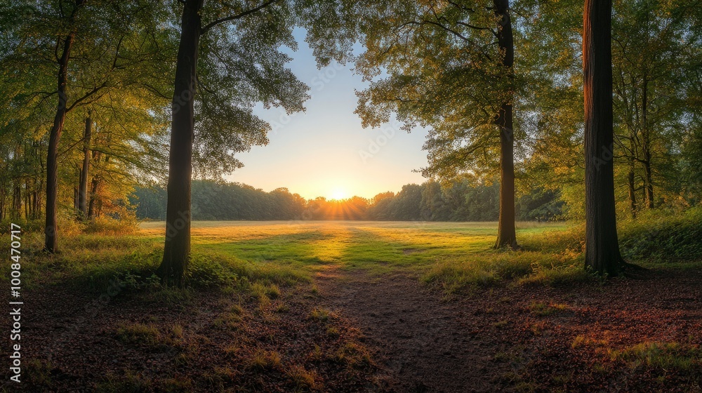 Fototapeta premium Golden sunrise through trees in a forest clearing.