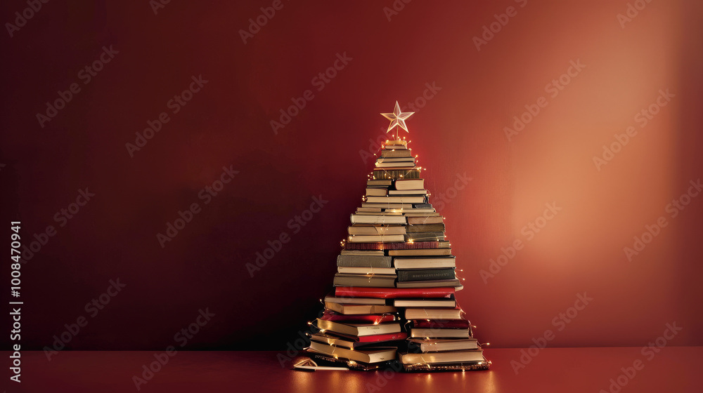 Alternative Eco christmas tree made from pile of books and lights. Creative Tree DIY on wall background. Eco holiday banner with place for text. Idea creative Zero waste decorations home at holiday Alternative Eco christmas tree made from pile of books and lights. Creative Tree DIY on wall background. Eco holiday banner with place for text. Idea creative Zero waste decorations home at holiday