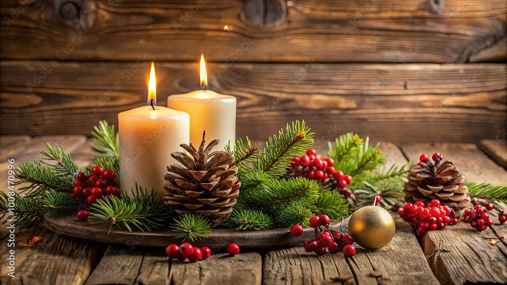 Warm Candlelight Illuminates a Rustic Winter Scene with Pine Branches, Cones, and Festive Red Berries