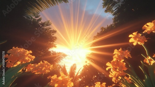 Golden sunset shining through lush tropical foliage with yellow flowers in the foreground.