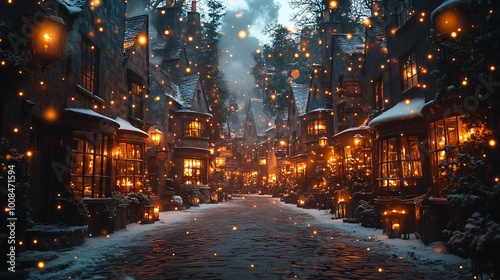 Enchanting nighttime scene of Hogsmeade village, with glowing lanterns, snow-covered streets, and the warmth of candlelight, evoking a sense of holiday magic and winter cheer