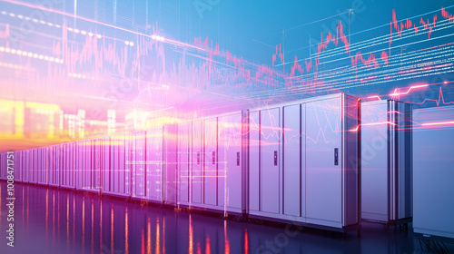 Renewable energy battery storage farm with stock market graphs, symbolizing clean energy technology and financial growth