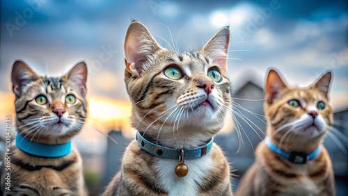 Three cats with curious gazes, collars adorned with bells, looking up at the sky, a vibrant sunset casting a warm glow on their fur.