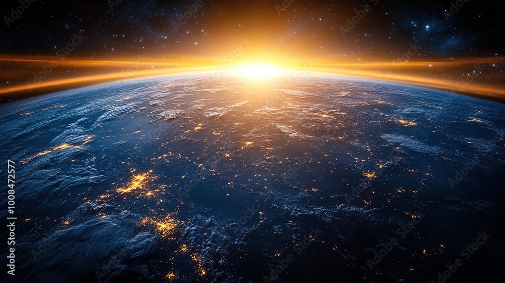 Earth at sunrise from space, showcasing beauty. Earth at sunrise from space, showcasing beauty.