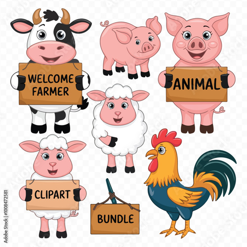 Famer Animal Clipart Bundle on transparent Background with cow chicken pig horse goat sheep