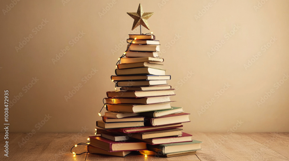 Alternative Eco christmas tree made from pile of books and lights. Creative Tree DIY on wall background. Eco holiday banner with place for text. Idea creative Zero waste decorations home at holiday Alternative Eco christmas tree made from pile of books and lights. Creative Tree DIY on wall background. Eco holiday banner with place for text. Idea creative Zero waste decorations home at holiday