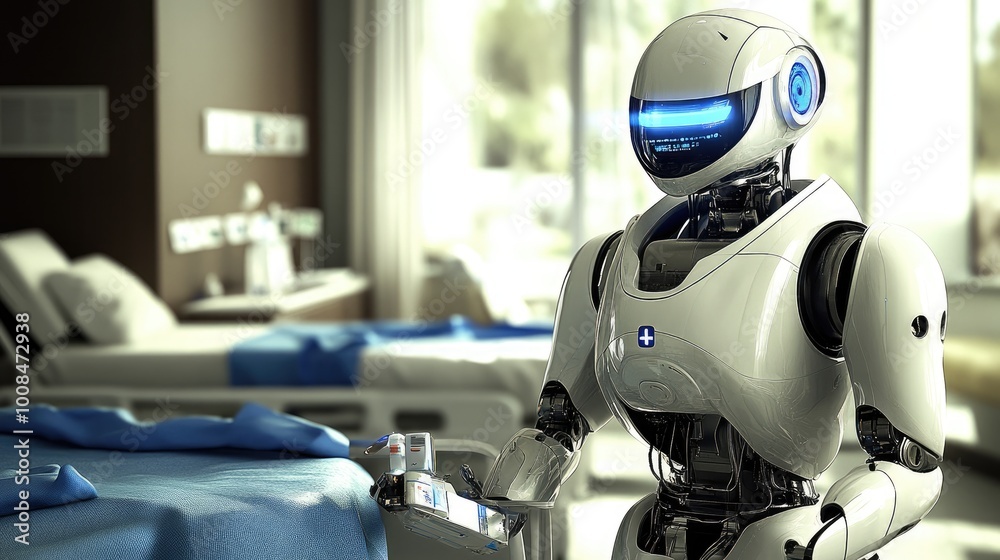 A robot nurse assisting in a hospital, carrying medical supplies to patients' rooms