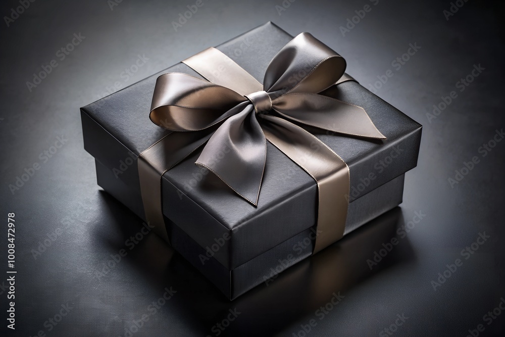 Obraz premium elegant black gift box with a sleek ribbon exudes luxury and mystery against a dark background perfect for conveying sophistication and surprise for any occasion