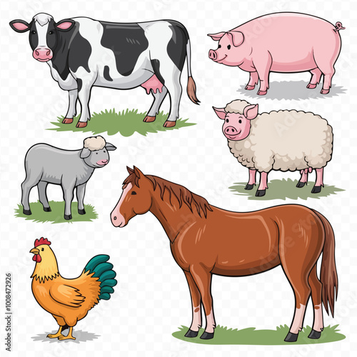Famer Animal Clipart Bundle on transparent Background with cow chicken pig horse goat sheep
