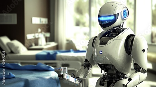 A robot nurse assisting in a hospital, carrying medical supplies to patients' rooms