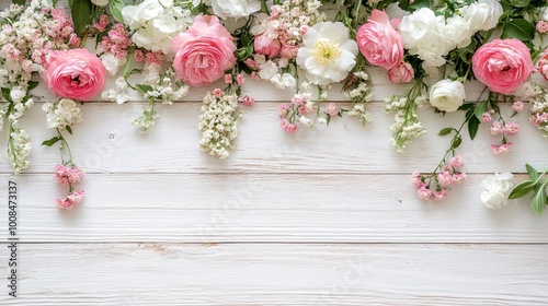 Flowers in pink and white with a white wooden backdrop