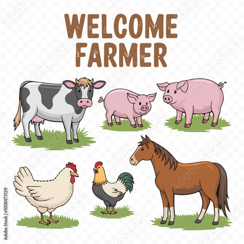 Famer Animal Clipart Bundle on transparent Background with cow chicken pig horse goat sheep