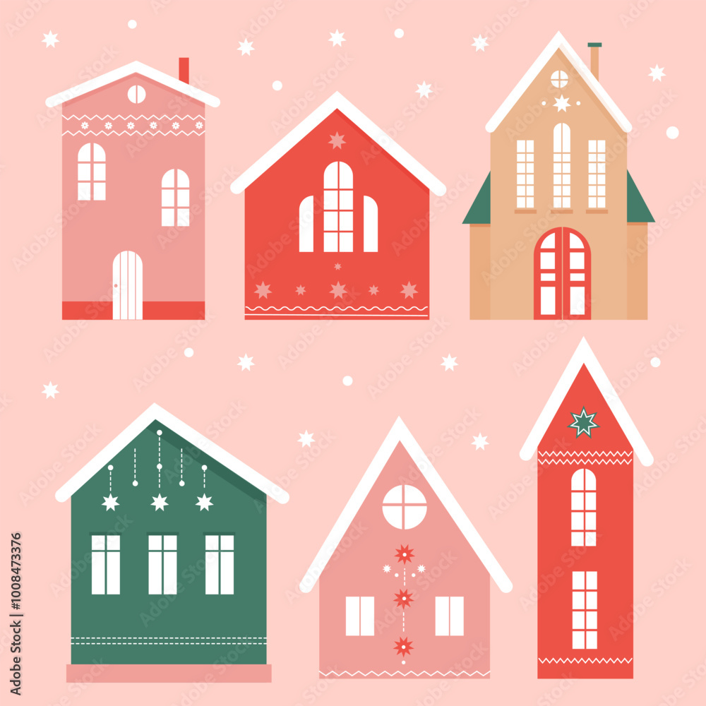 a set of cute festive Christmas houses with beautiful ornaments a set of cute festive Christmas houses with beautiful ornaments