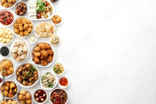 Assorted asian dishes and snacks on a white background. Traditional food concept. Top view. Panorama with copy space. - generative ai